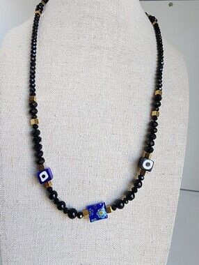 Blue Murano Millefiori & Black Agate Evil Eye Necklace Adjustable 18-22"